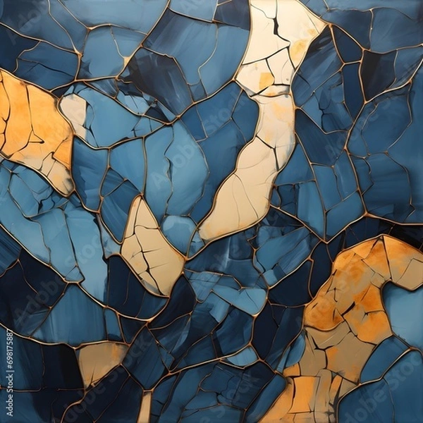 Fototapeta An abstract geometric artwork composed of fragmented shapes and gold lines, reminiscent of kintsugi-repaired ceramics, conveying unity and harmony amidst fragmentation