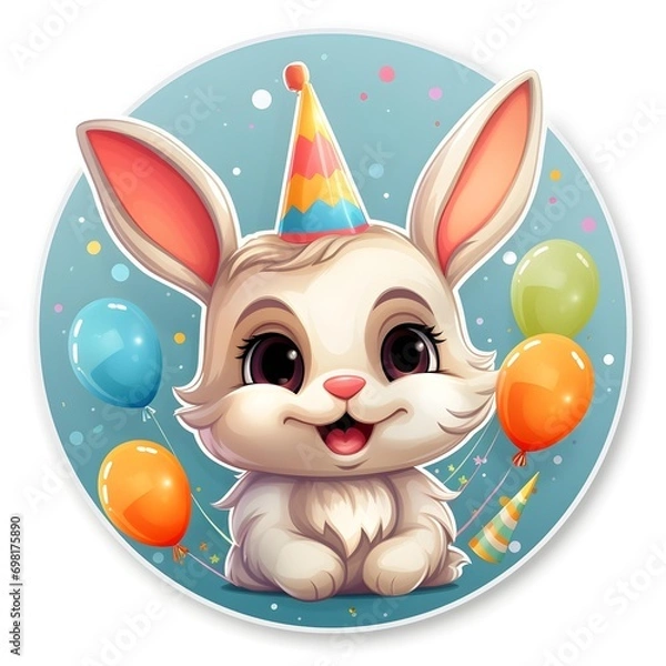 Fototapeta cheerful sticker featuring a cute animal, like a smiling bunny or a playful puppy, for the birthday cards