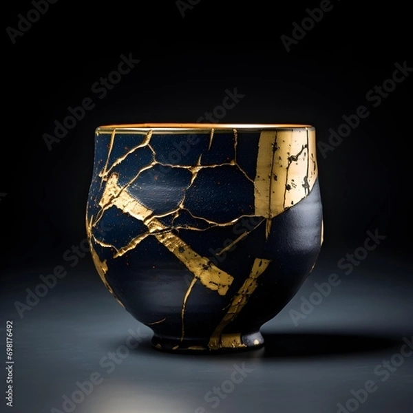 Fototapeta A pottery cup isolated in dark. kintsugi