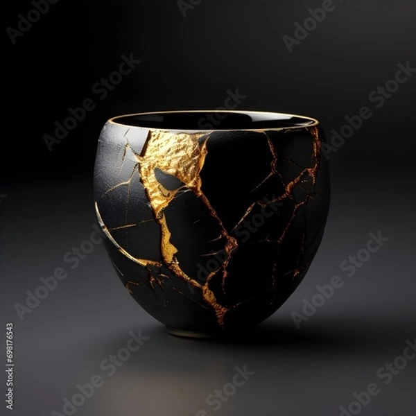 Fototapeta A pottery cup isolated in dark. kintsugi