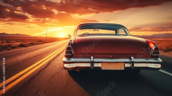 Fototapeta Classic retro vintage American car driving on highway at sunset