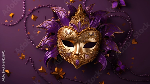 Fototapeta Golden mask with beads on a purple background, Mardi Gras