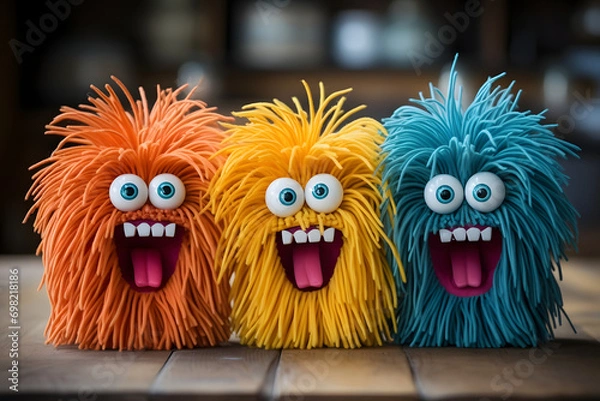 Fototapeta Plush fur monster for little kids. Front view of soft animal toy mascot.