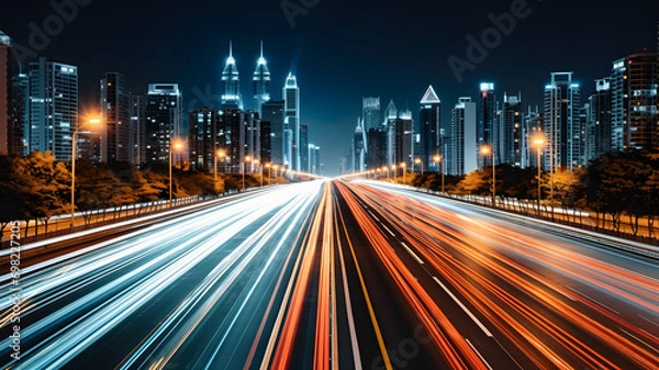 Fototapeta Abstract blurred colorful lighhts background in night city, bokeh shiny blurred glowing street cityscape