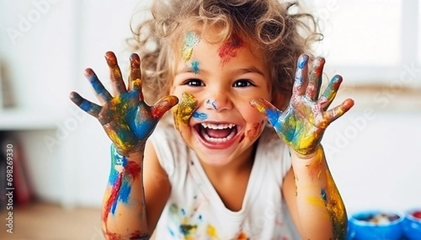 Obraz portrait of a happy smiling child with painted hands and face