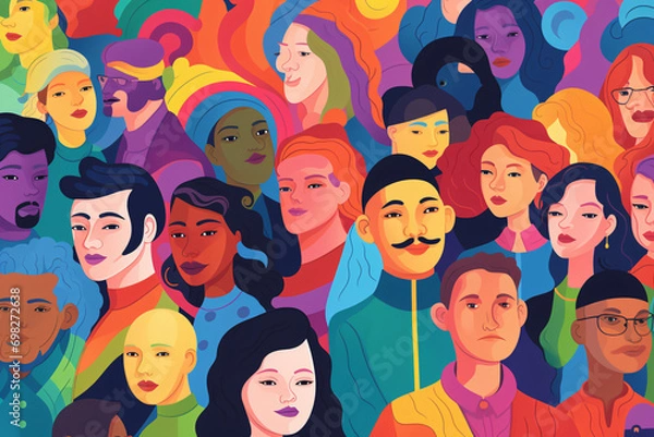 Fototapeta Diversity illustration, men and women with different ethnicities, complexities and from different cultural backgrounds, diversity concept background
