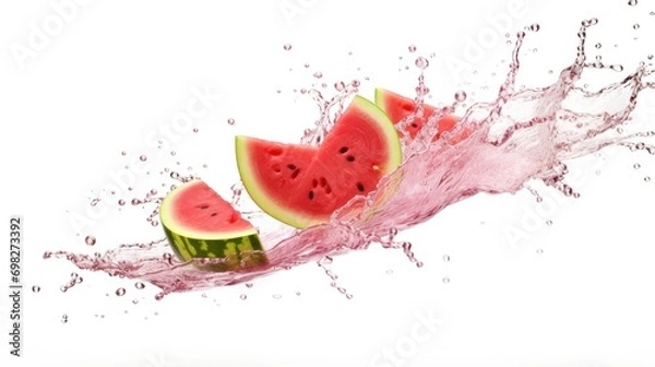 Fototapeta  a slice of watermelon splashing into the water with a slice of watermelon in the foreground.