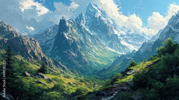 Fototapeta A Majestic Mountain Range with a Serene Stream
