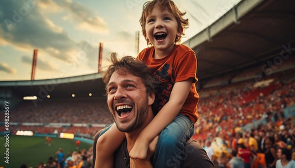 Obraz happy fans father with child at the stadium