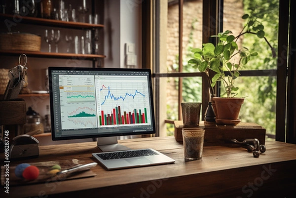 Fototapeta desk laptop with stock graphs, trader sell buy 