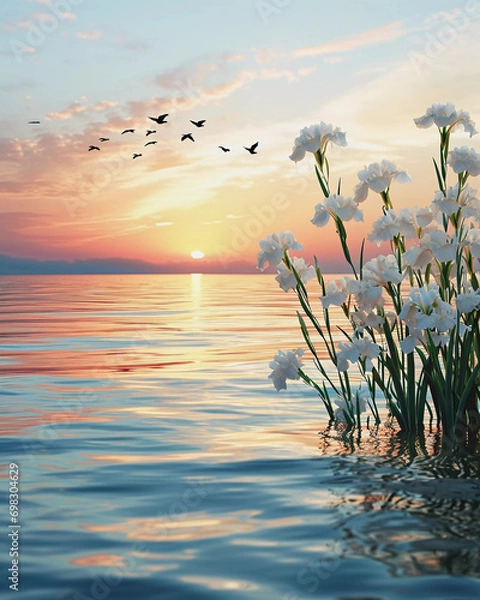 Fototapeta blooming irises in the water against the background of dawn