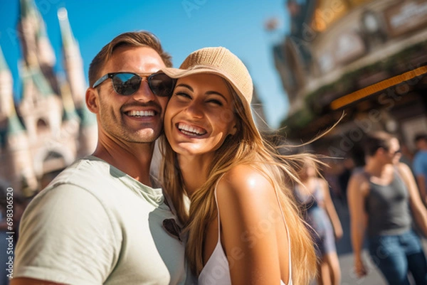 Fototapeta portrait of a happy smiling couple in the amusement park