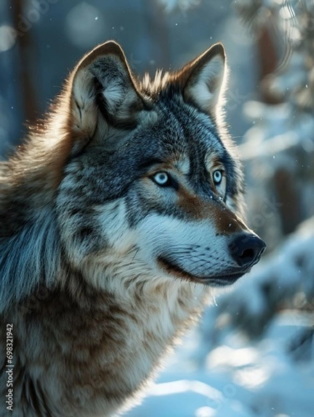 Fototapeta AI generated illustration of a gray wolf atop a snowy rock, intently staring off into the distance