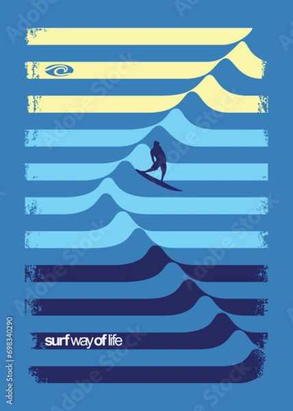 Obraz Vector illustration of graphic wave formed by curved stripes with surfer silhouette.