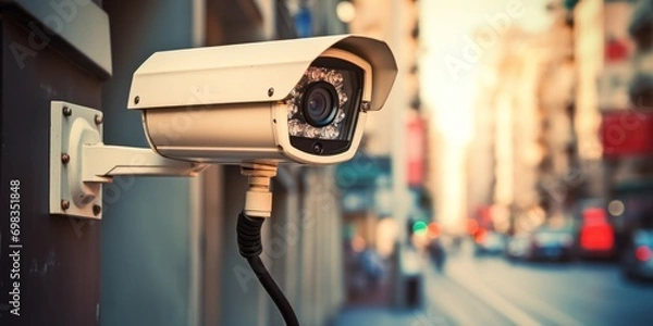 Fototapeta cctv security camera surveillance system for motion and face identity detection or recognition sensor, live monitoring