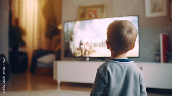 Fototapeta A small boy engrossed in watching an adventure movie on a large television screen in a home setting.