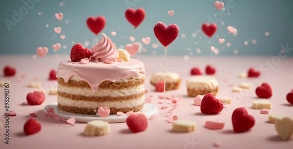 Fototapeta Generative ai Delicious decadent Tres Leches milk cake with cream and vanilla frosting Fruit raspberries and cherries topping
