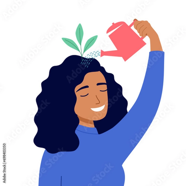 Fototapeta Self care or self compassion concept vector illustration. Mental health or psychological therapy. Woman watering plant on her head in flat design.
