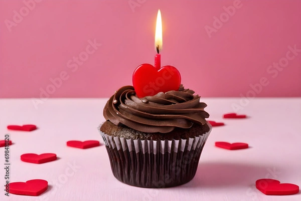 Fototapeta Pretty cupcake with heart-shaped candle. Generative AI