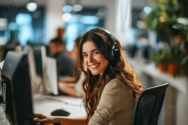 Obraz A smiling customer service representative helpdesk with headset in office setting