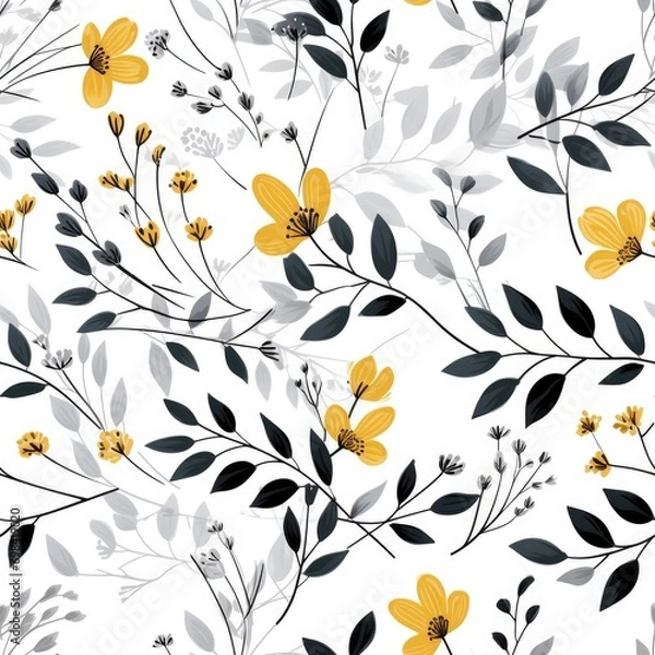 Fototapeta Watercolor seamless pattern with yellow flowers. White background, yellow flowers with black and gray branches, seamless pattern wallpaper.