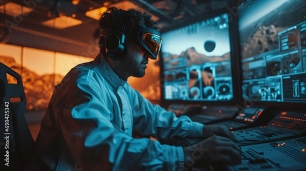 Fototapeta Astronaut in futuristic spacesuit with virtual reality headset sitting at control panel. Virtual reality simulation and gaming. Sci-fi technology concept. Space exploration, starship bridge, artificia