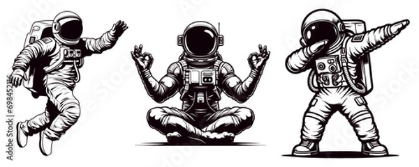 Fototapeta Astronaut graphics set with different activities such as skull astronaut, yoga position astronaut, astronaut dabbing, vector illustration.