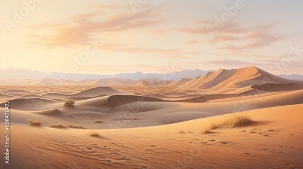 Fototapeta  a painting of a desert landscape with sand dunes and a mountain range in the distance with clouds in the sky.