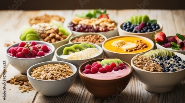 Fototapeta  a table topped with bowls filled with different types of fruits and granola next to a bowl of granola on top of a wooden table.
