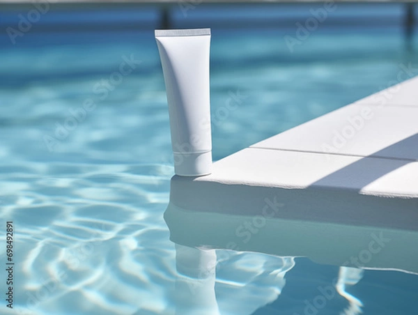 Fototapeta A tube of cleansers sitting on the edge of a body of water, white face cream tube container mokcup
