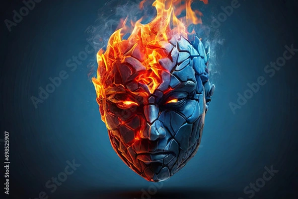 Fototapeta Fiery human head Stunning fire & ice heart symbolizes love, passion, duality. Perfect for web, print, expressing emotions.