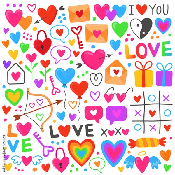 Fototapeta Valentines day doodles set. Colorful love theme icons, simple doodle illustrations. Bright simple pictures for design.  Hearts, balloons, arrows, lettering, envelopes, rainbow, tic tac toe, gifts.