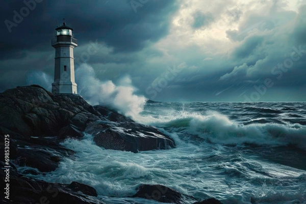 Obraz Lighthouse in rough, stormy sea, generative AI