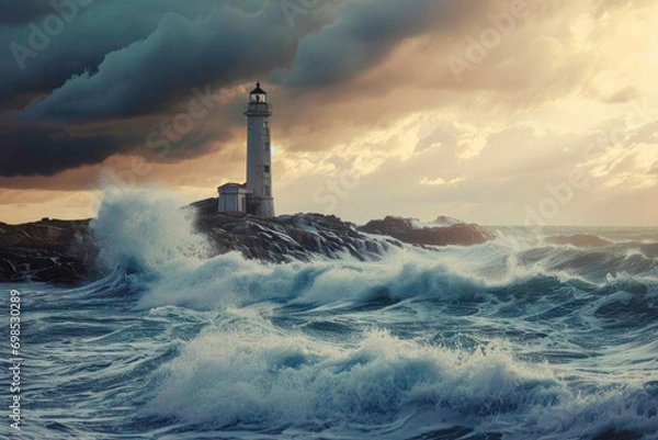 Obraz Lighthouse in rough, stormy sea, generative AI