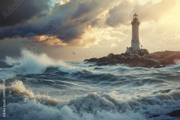 Obraz Lighthouse in rough, stormy sea, generative AI