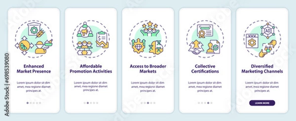 Fototapeta 2D icons representing benefits of collective marketing in agri-food clusters mobile app screen set. Walkthrough 5 steps multicolor graphic instructions with line icons concept, UI, UX, GUI template.
