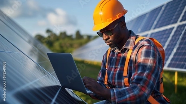 Fototapeta African american engineering are about to checking solar panels. Electrical and instrument technician use laptop to maintenance electric solution 