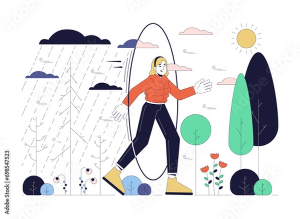 Fototapeta Bipolar disorder 2D linear illustration concept. Transit from rainy days to sunny weather woman cartoon character isolated on white. Seasonal depression metaphor abstract flat vector outline graphic