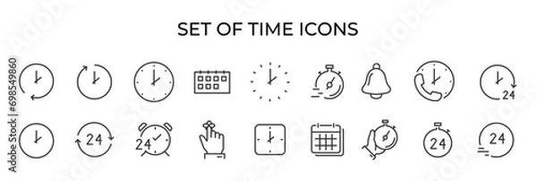 Fototapeta Set of time icons, calendar, clock, reminder, hour, date. TIME - thin line vector icon set. Pixel perfect. Editable stroke. The set contains icons: Time, Clock, Alarm Clock, Hourglass, Stopwatch, 