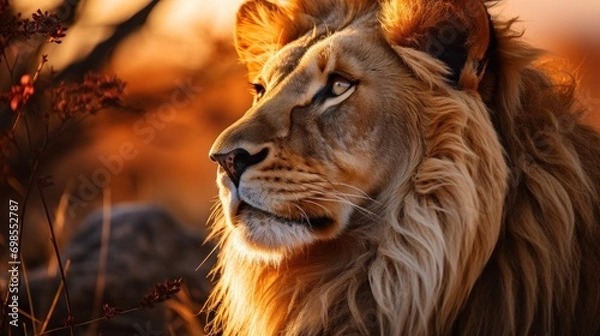 Fototapeta A majestic lion gazes into the distance, its mane catching the golden light of the savannah.