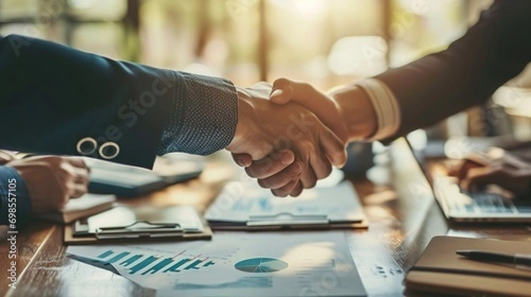 Fototapeta Entrepreneurs shaking hands in a modern workplace with a financial paper graph on the desk