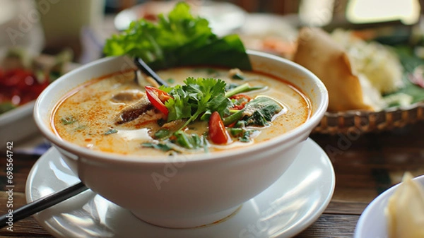 Obraz Shallow depth of field (selective focus) image with a bowl of tasty Tom kha kai soup dish. Generative AI.