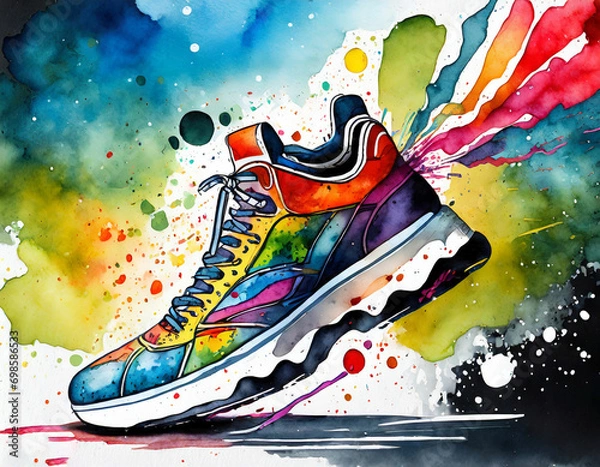 Fototapeta colorful sneaker is being spray painted with a watercolor stroke of different shapes