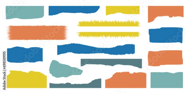 Fototapeta Set of torn paper color shapes. Collage zigzag edge rectangle shapes set. Ripped jagged rectangular element. Wavy edge rectangle stroke shapes. Design elements for banner, decoration, poster, sticker