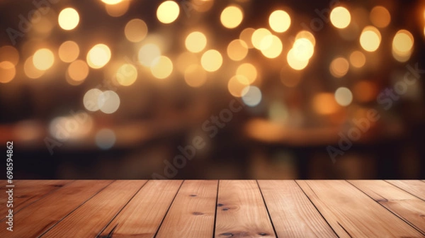 Fototapeta Wood table background, Hyper realistic, wooden table in a coffee shop with beautiful fairy lights, Mockup, Portrait mode, Wallpapers, Holidays, New year, Generative Ai
