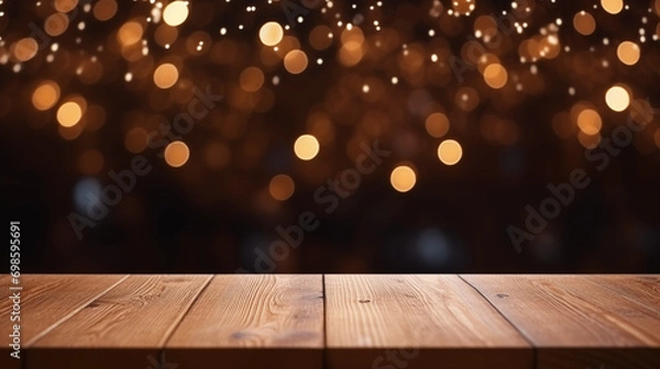 Fototapeta Wood table background, Hyper realistic, wooden table in a coffee shop with beautiful fairy lights, Mockup, Portrait mode, Wallpapers, Holidays, New year, Generative Ai