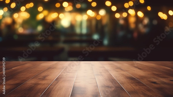 Fototapeta Wood table background, Hyper realistic, wooden table in a coffee shop with beautiful fairy lights, Mockup, Portrait mode, Wallpapers, Holidays, New year, Generative Ai