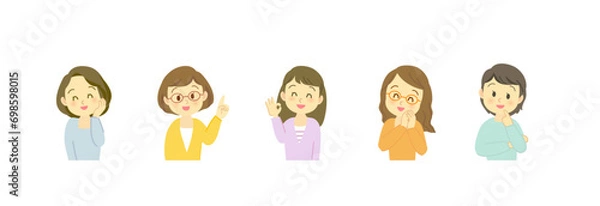 Obraz 吹き出しセリフが似合うポジティブな表情の40代女性セット/横長デザイン/主線なし/フルカラー
