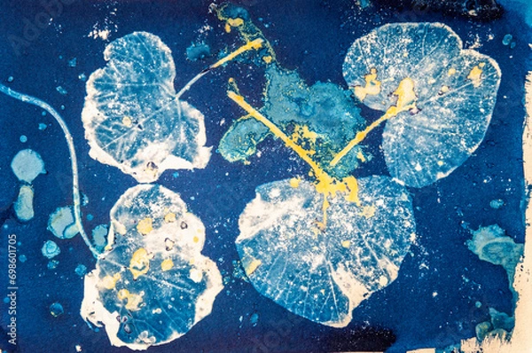 Fototapeta A handmade image of plant leaves using an old photographic process called a Cyanotype mixed with a Turmeric Anthotype process.