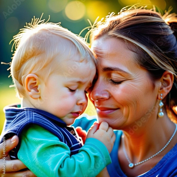 Fototapeta Imagine a child in the embrace of a caregiver. They cry and their faces reflect trust and confidence